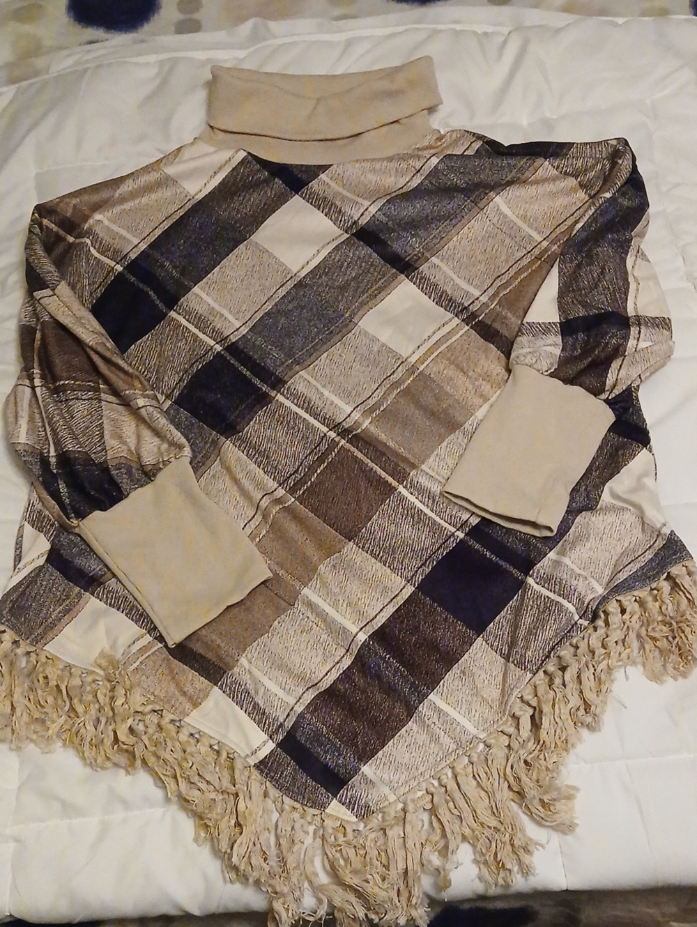 Plaid Fringe Turtleneck Poncho Style Sweater in Beige & Brown
